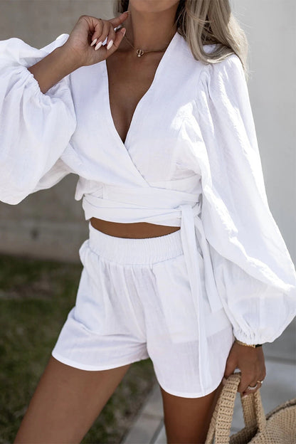 Sweet Solid Frenulum Fold V Neck Long Sleeve Two Pieces(3 Colors)