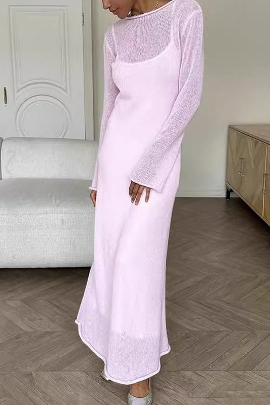 Casual Solid Hollowed Out O Neck Long Sleeve Two Pieces(3 Colors)