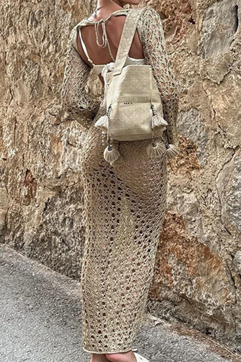 Sexy Vacation Solid Hollowed Out Backless Swimwears Cover Up