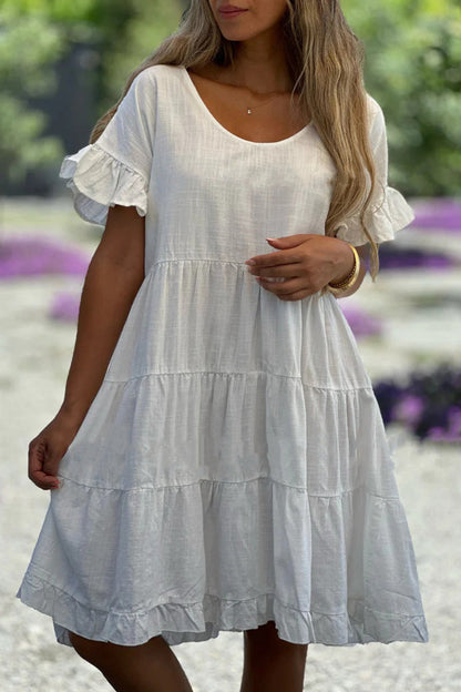 Casual Simplicity Solid Flounce O Neck A Line Short Sleeve Dress(3 Colors)