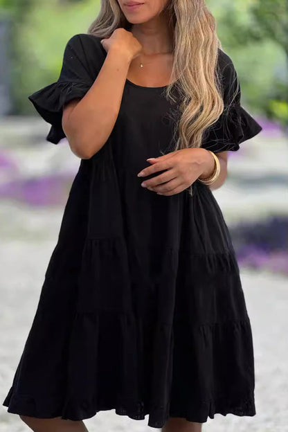 Casual Simplicity Solid Flounce O Neck A Line Short Sleeve Dress(3 Colors)