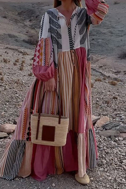 Casual Geometric Print Contrast V Neck Printed Dresses