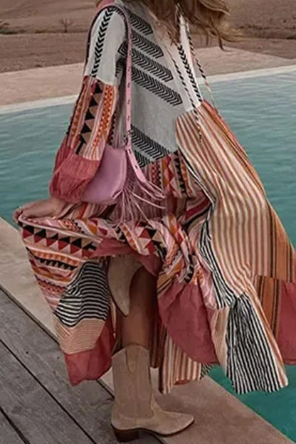 Casual Geometric Print Contrast V Neck Printed Dresses