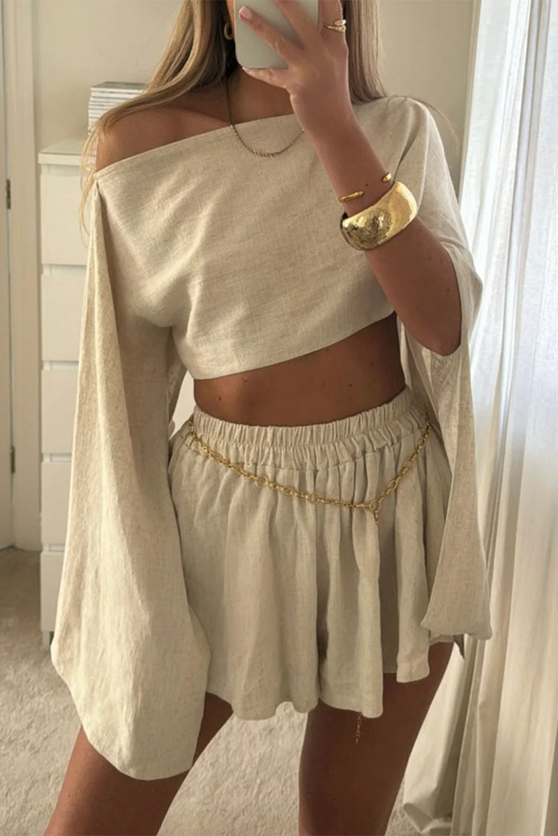 Casual Solid Fold Oblique Collar Long Sleeve Two Pieces(No waistband)