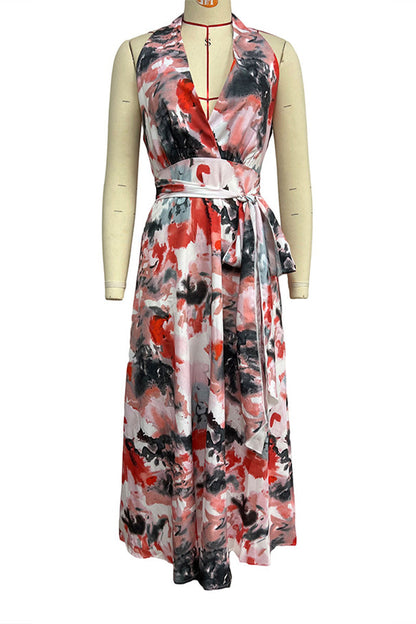 Sexy Gradient Print Frenulum Backless Contrast Halter Printed Dresses(3 Colors)