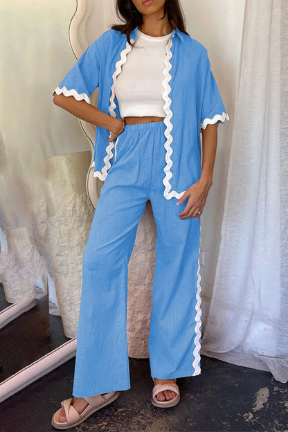 Casual Simplicity Solid Ripple Patchwork Boat Neck Long Sleeve Two Pieces