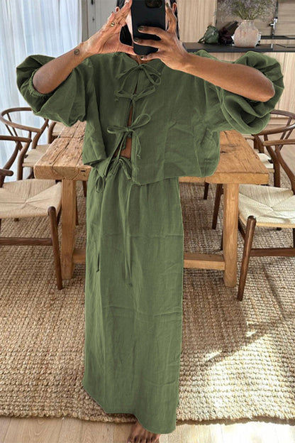 Casual Daily Solid Color Lace Up O Neck Long Sleeve Two Pieces