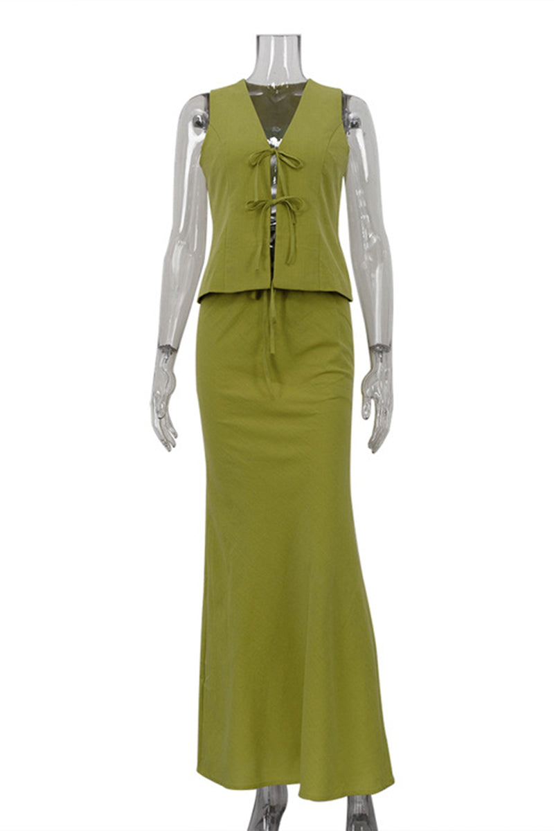 Casual Lace Up V Neck Sleeveless Two Pieces(3 Colors)