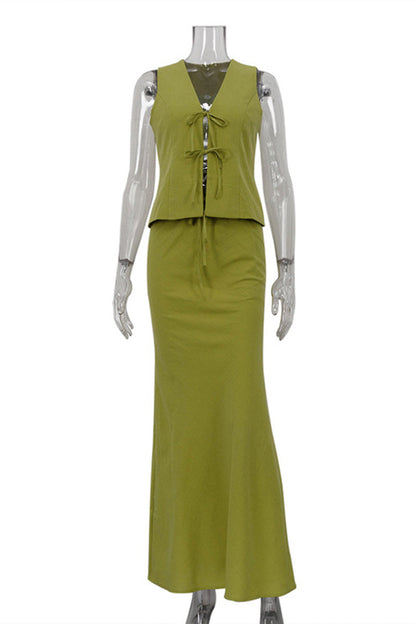 Casual Lace Up V Neck Sleeveless Two Pieces(3 Colors)
