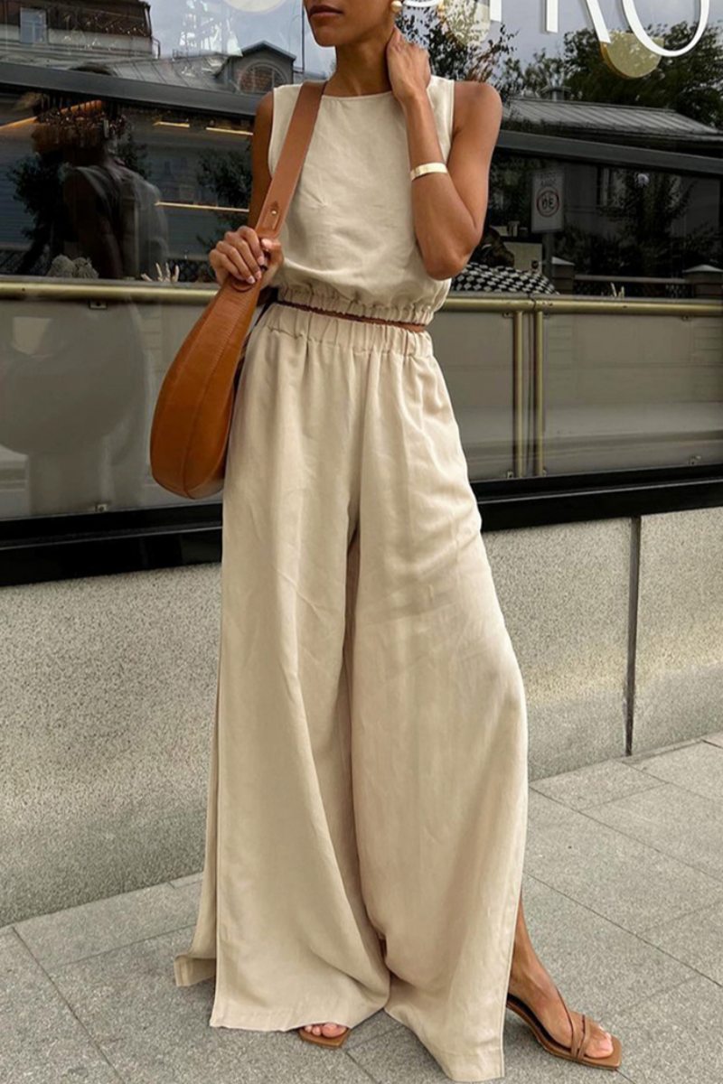 Casual Solid Color Slit O Neck Sleeveless Two Pieces(3 Colors)