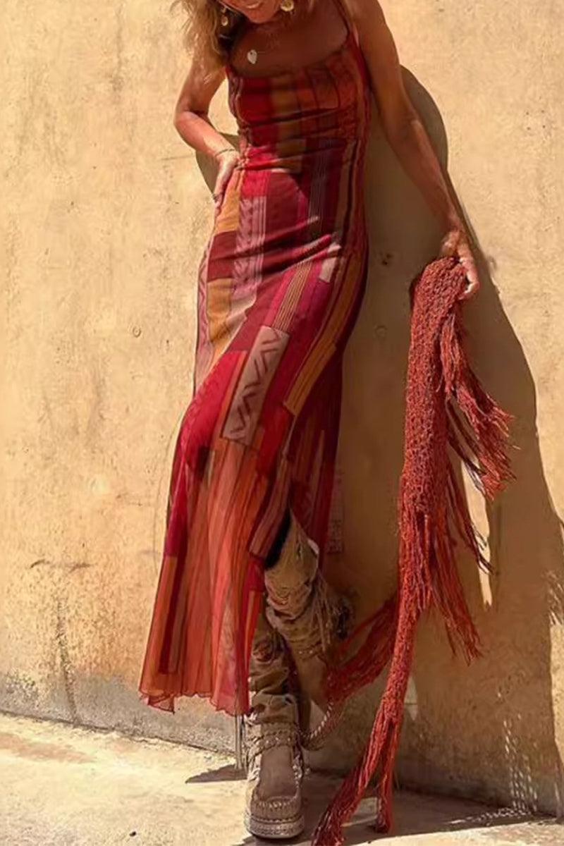 Patchwork Geometric Print Spaghetti Strap Bodycon Maxi Dress