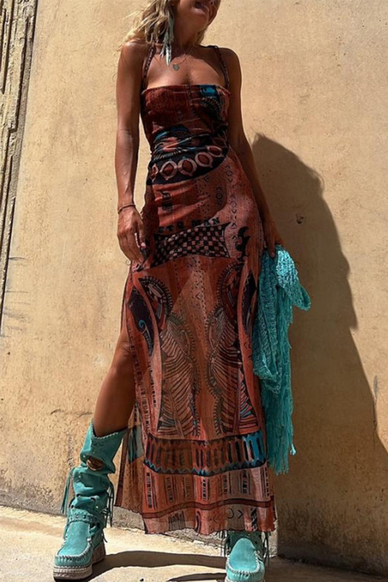 Patchwork Geometric Print Spaghetti Strap Bodycon Maxi Dress