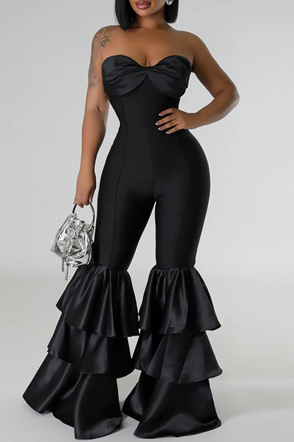 Sexy Casual Solid Color Backless Patchwork Strapless Skinny Jumpsuits