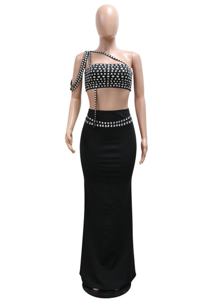 Sexy Patchwork Backless Rhinestone Decor Oblique Collar Sleeveless Two Pieces