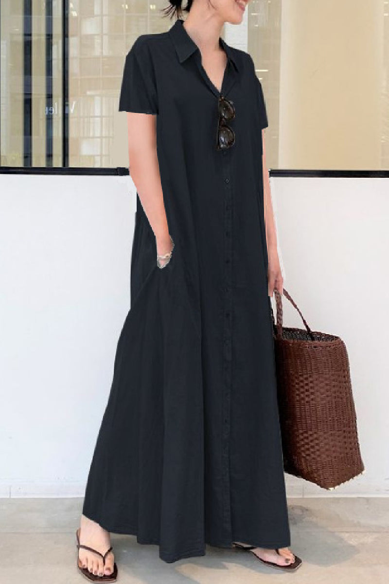 Casual Solid Color Print Patchwork Shirt Collar Long Dresses(6 Colors)