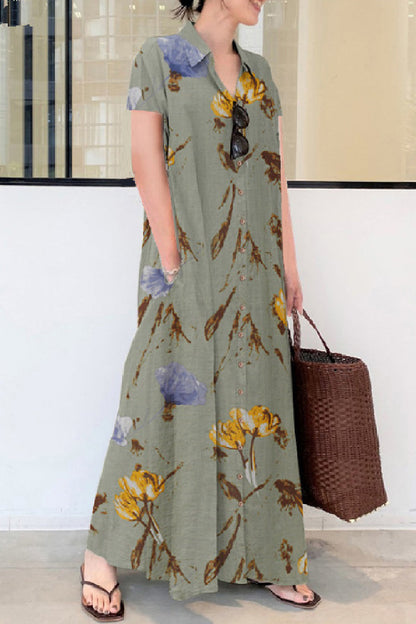 Casual Solid Color Print Patchwork Shirt Collar Long Dresses(6 Colors)