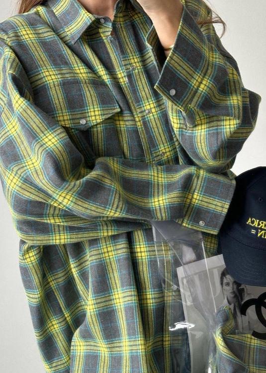 Retro Plaid Loose Shirt - Lapels, Long Sleeve with Pocket