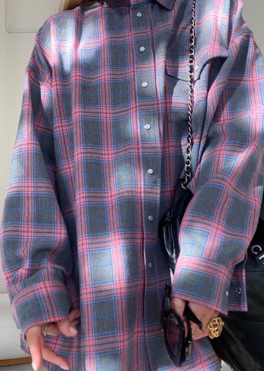 Retro Plaid Loose Shirt - Lapels, Long Sleeve with Pocket