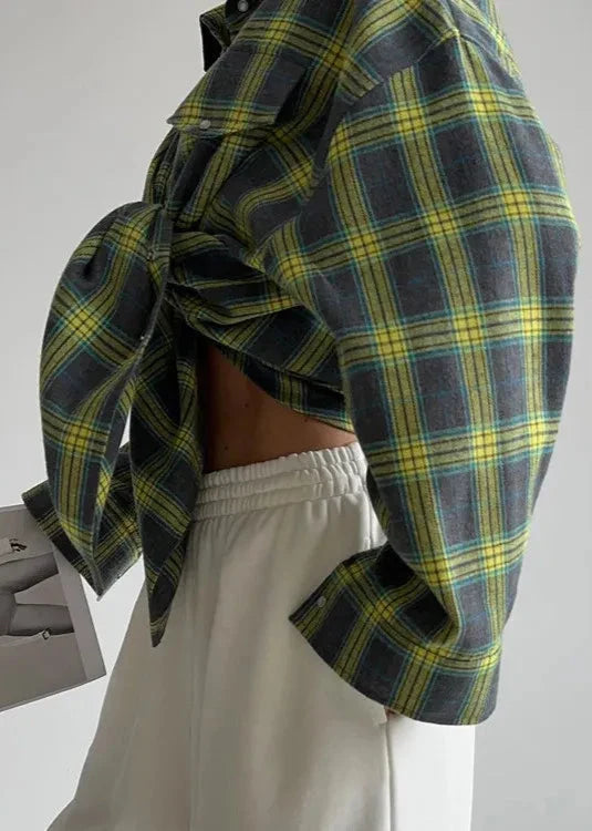 Retro Plaid Loose Shirt - Lapels, Long Sleeve with Pocket