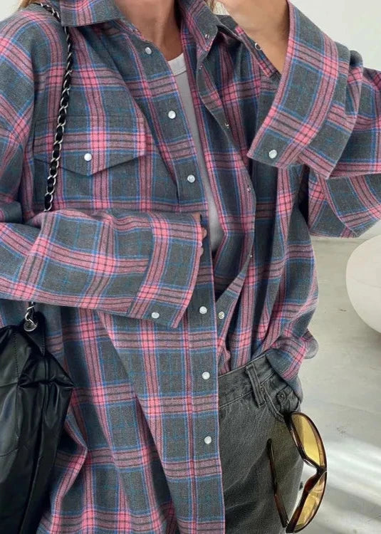Retro Plaid Loose Shirt - Lapels, Long Sleeve with Pocket