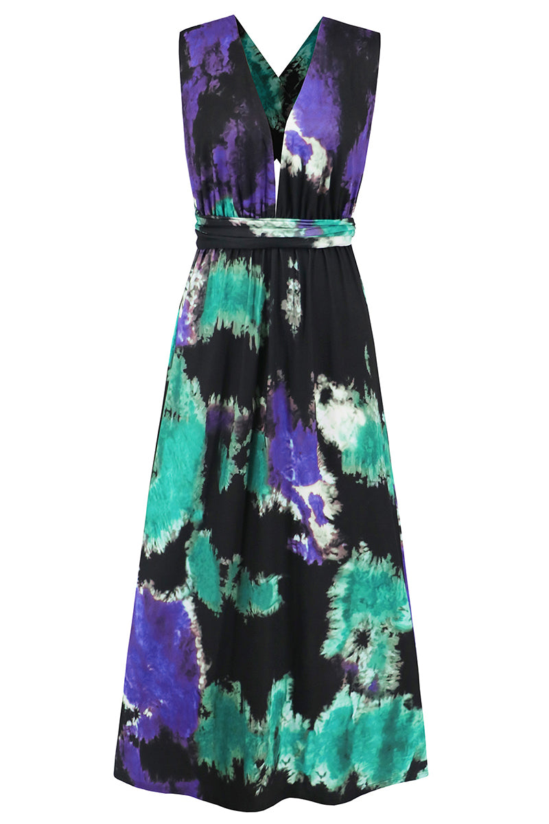 Sexy Tie Dye Print Cross Straps Contrast V Neck Sleeveless Dresses（A variety of binding methods）(3 Colors)