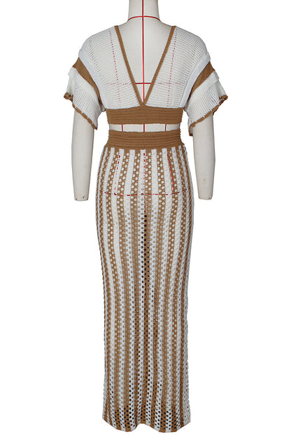 Celebrities Hollow Out Patchwork Strap Design V Neck Short Sleeve Two Pieces(4 Colors)