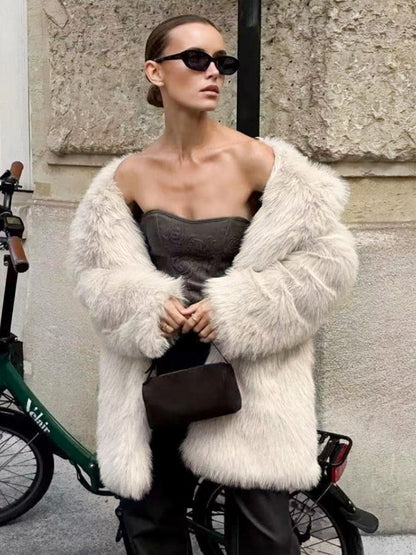 White Faux Fur Midi Coat Notched Lapel Winter Eco-friendly Long Jacket For Women 2026