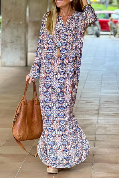 Casual Geometric Print Patchwork V Neck Printed Dress Dresses