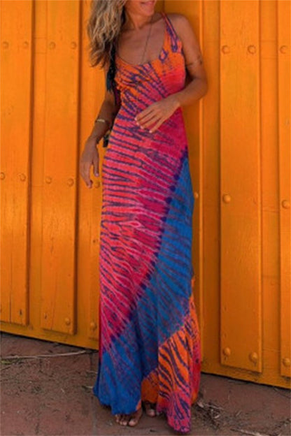 Casual Print Backless U Neck Long Dresses(3 Colors)