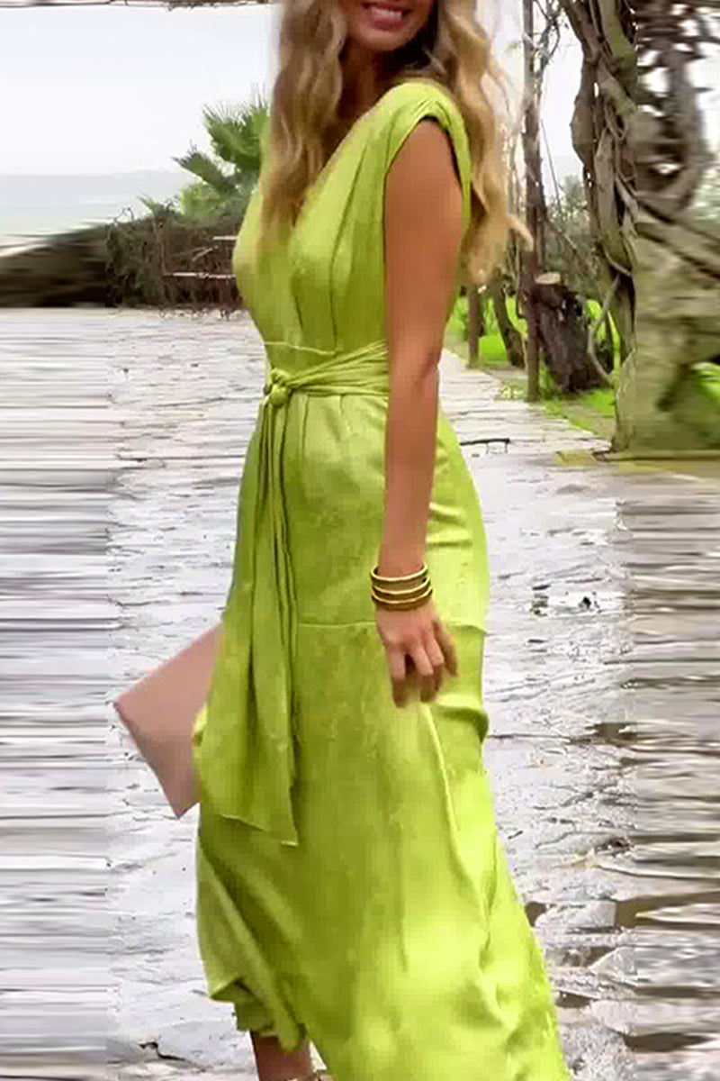 Sexy Solid Color Lace Up Slit V Neck Waist Skirt Dresses