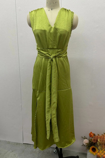 Sexy Solid Color Lace Up Slit V Neck Waist Skirt Dresses