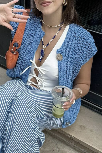 Casual Daily Solid Color Pocket Buttons Weave O Neck Tops(3 Colors)