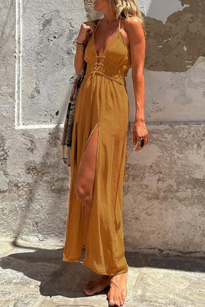Sexy Vacation Solid Color Slit Strap Design Halter Irregular Dresses