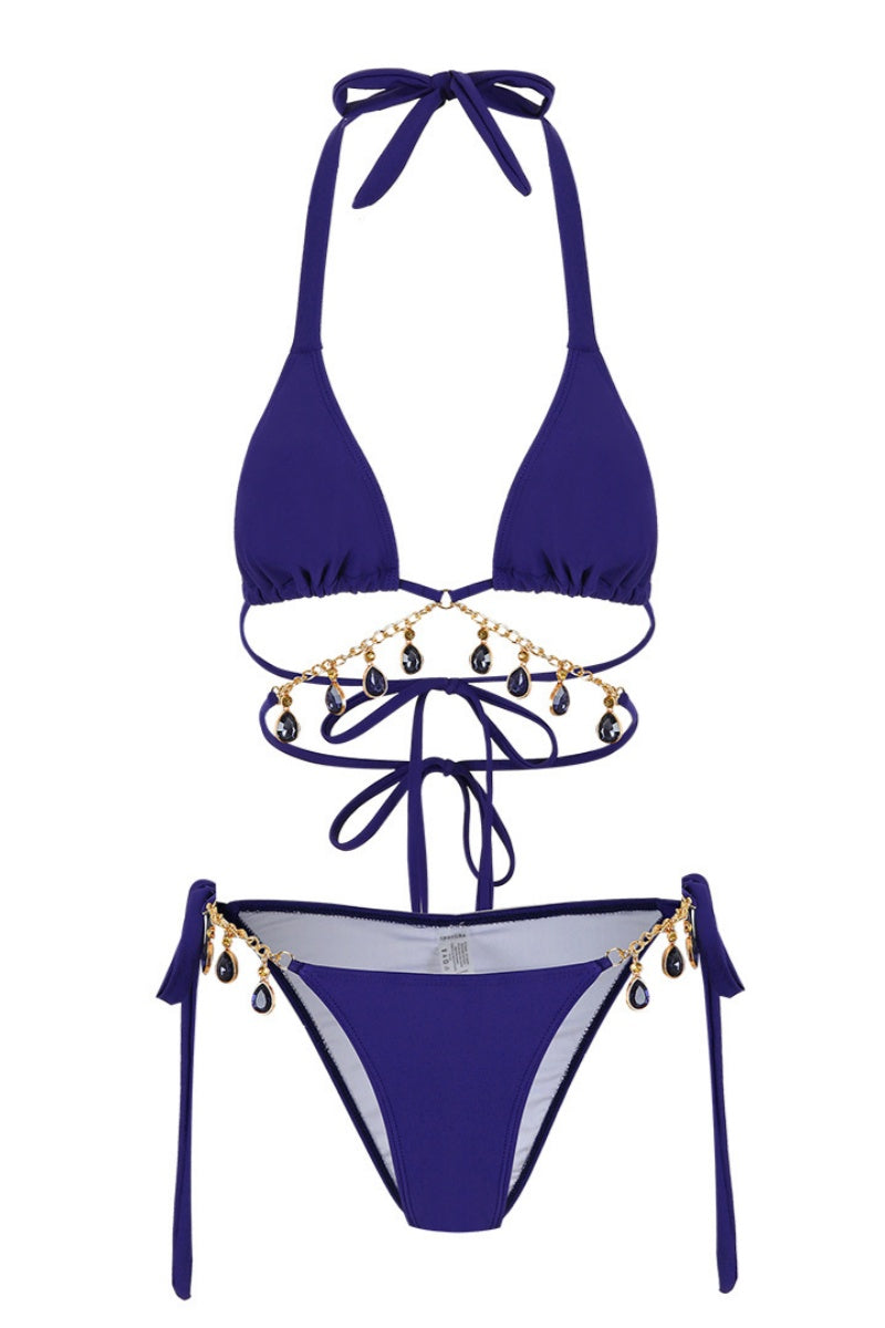 Sexy Fringed Trim Patchwork Backless Belted Swimwears (With Paddings)