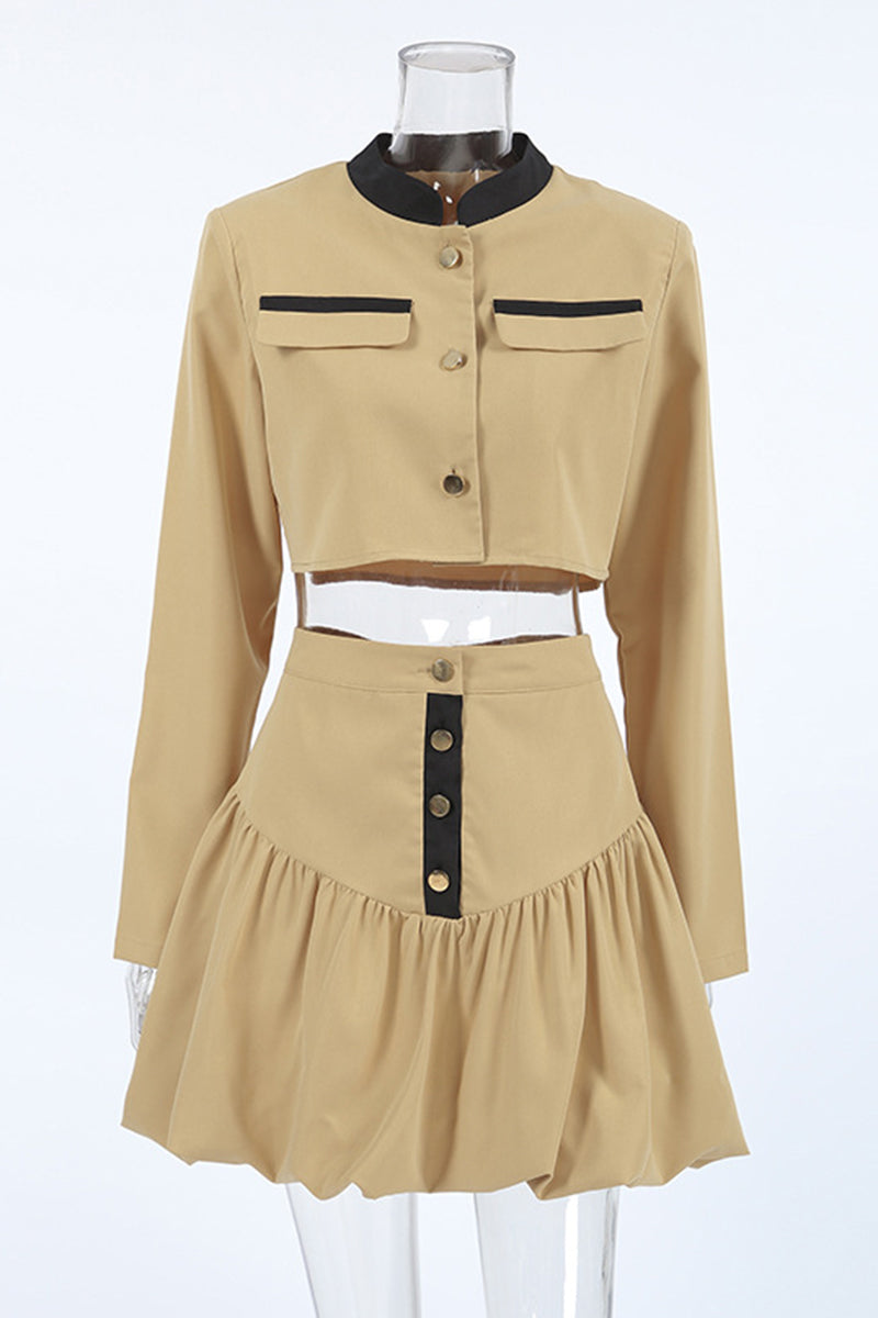 Casual Street Solid Color Buttons Patchwork Contrast O Neck Long Sleeve Two Pieces