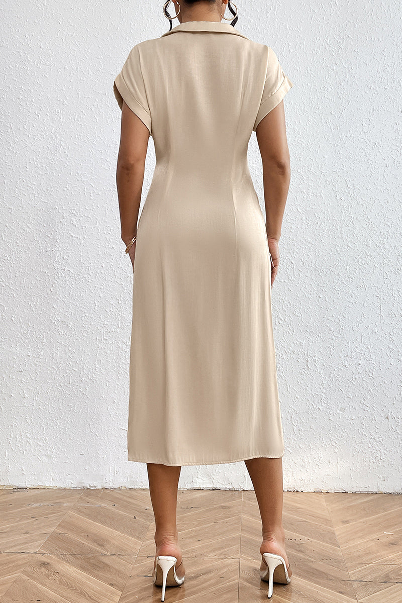 Daily Elegant Solid Color Buttons Ruched Irregular V Neck Waist Skirt Short Sleeve Dress