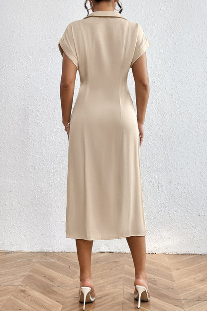 Daily Elegant Solid Color Buttons Ruched Irregular V Neck Waist Skirt Short Sleeve Dress