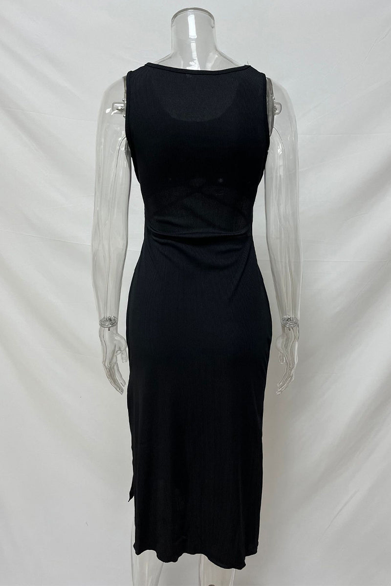 Casual Solid Color Hollow Out U Neck Wrapped Skirt Dresses(4 Colors)