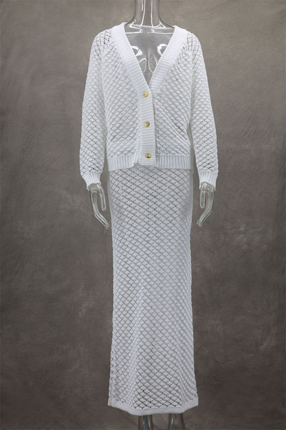 Daily Elegant Solid Color Hollow Out Buttons V Neck Long Sleeve Two Pieces