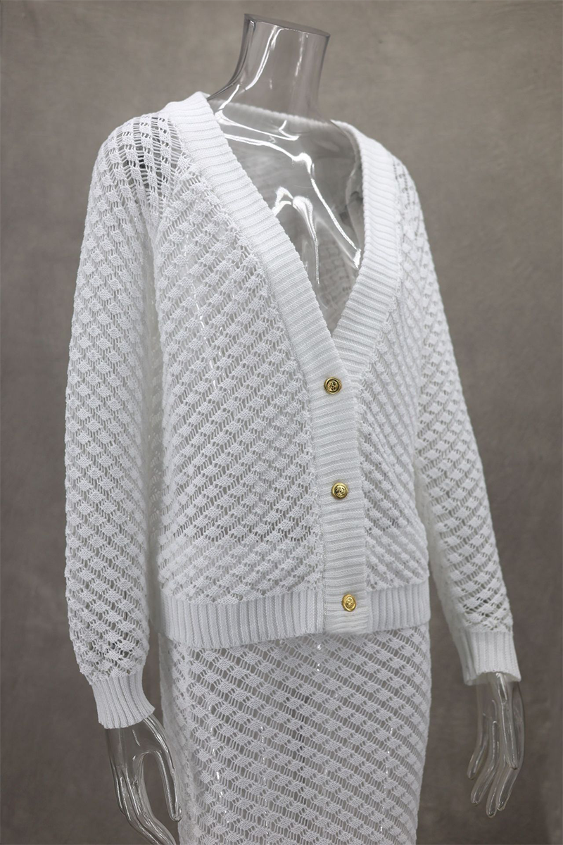 Daily Elegant Solid Color Hollow Out Buttons V Neck Long Sleeve Two Pieces