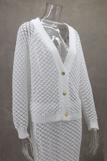 Daily Elegant Solid Color Hollow Out Buttons V Neck Long Sleeve Two Pieces