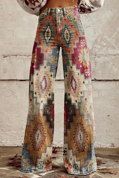 Casual Street Geometric Print Animal Print Flowers Buttons Contrast Loose High Waist Wide Leg Full Print Bottoms(10 Colors)