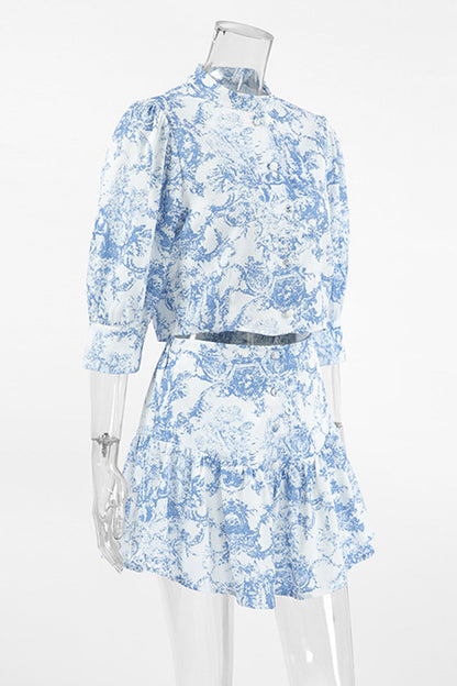 Elegant Gradient Print Buckle Contrast Mandarin Collar Half Sleeve Two Pieces