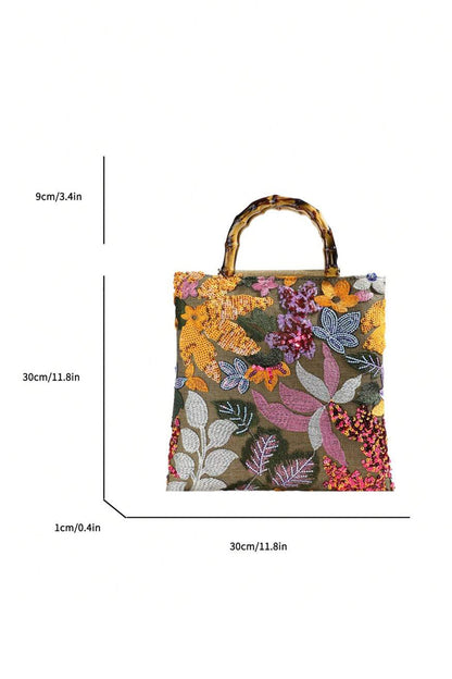 Sequin Embroidered Bamboo-handle Tote Bag