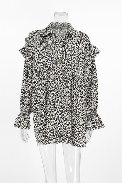 Casual Leopard Print Ruffle Turndown Collar Shirt Dresses