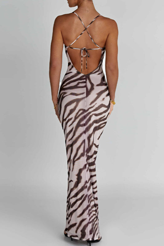 Sexy Open Back Printed Slim Fit Maxi Dress