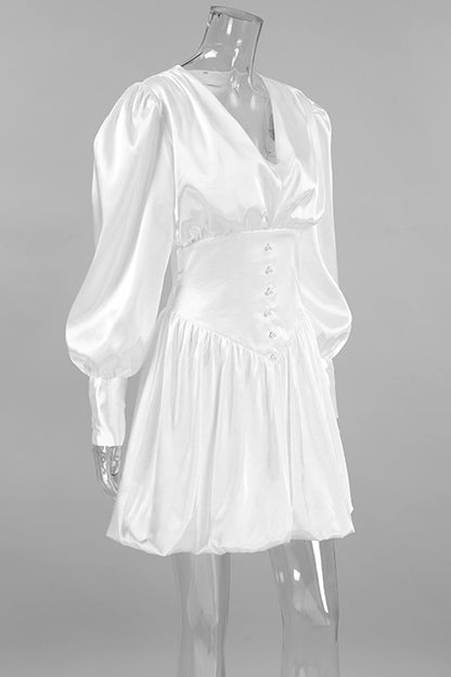 Street Elegant Solid Color Pearls Decor Ruched V Neck Ball Gown Dresses