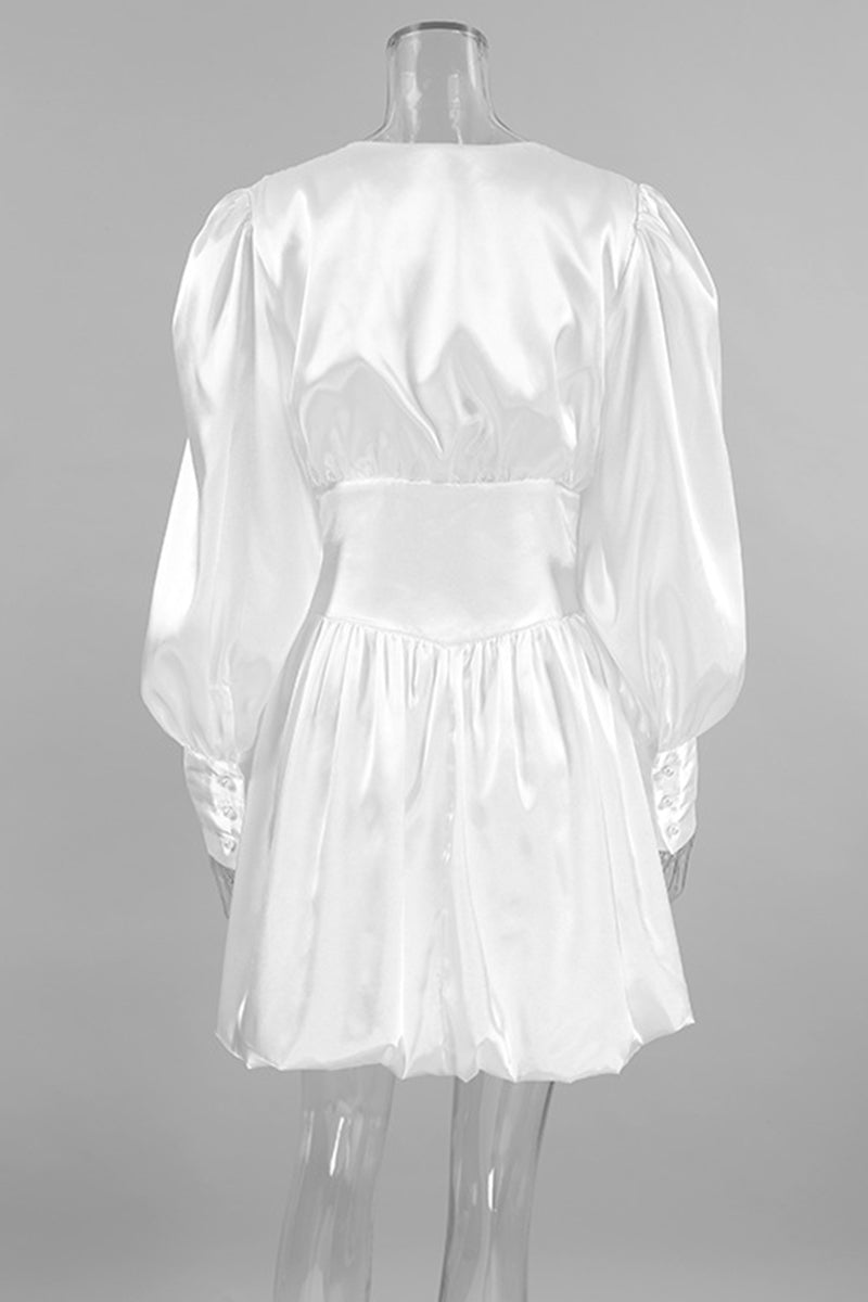 Street Elegant Solid Color Pearls Decor Ruched V Neck Ball Gown Dresses