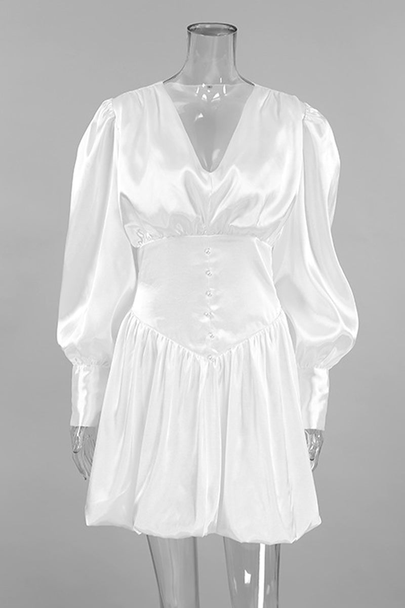 Street Elegant Solid Color Pearls Decor Ruched V Neck Ball Gown Dresses