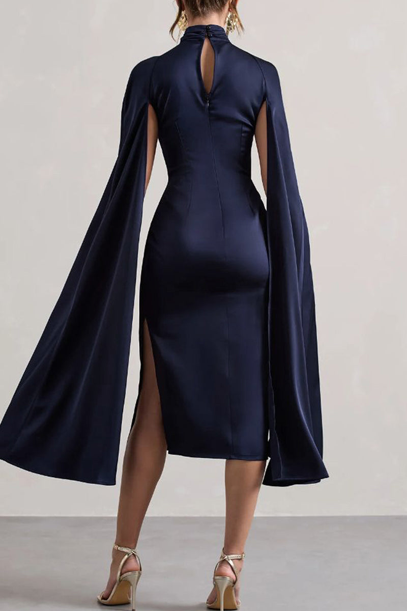 Street Solid Color Hollow Out Patchwork Slit Turtleneck Long Dresses